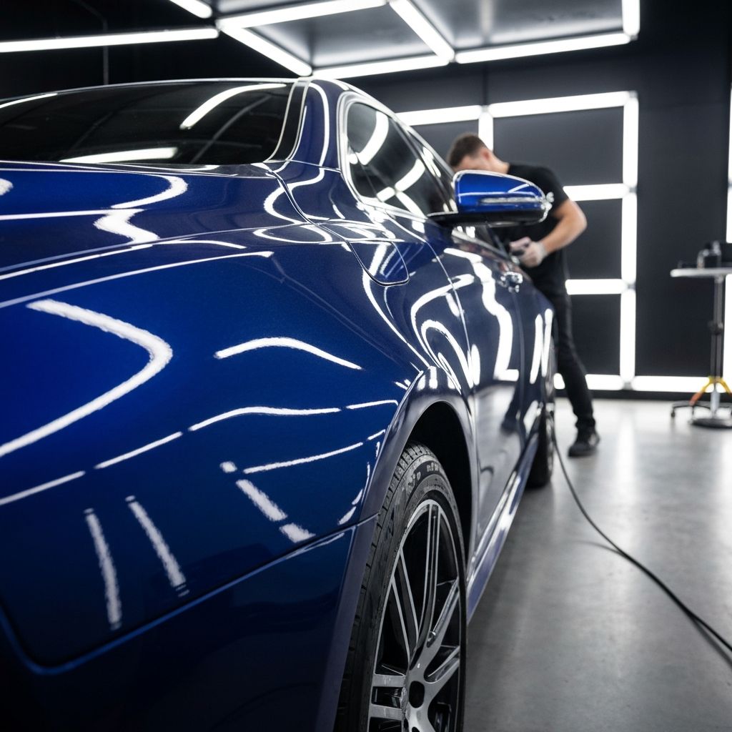 Professional ceramic coating application in San Antonio TX showing pro-grade paint protection being applied to luxury vehicle