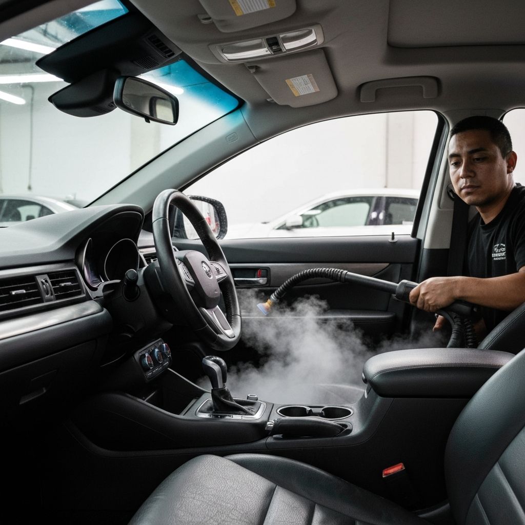 Professional steam sterilization and interior deep cleaning of vehicle cabin at One Detail At A Time studio in San Antonio