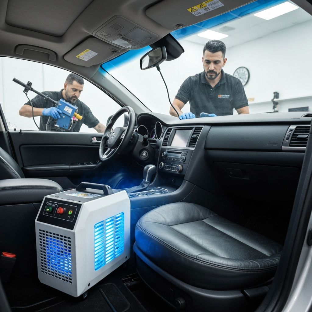 Professional ozone generator treatment for smoke and odor removal from vehicle interior at One Detail At A Time in San Antonio Texas