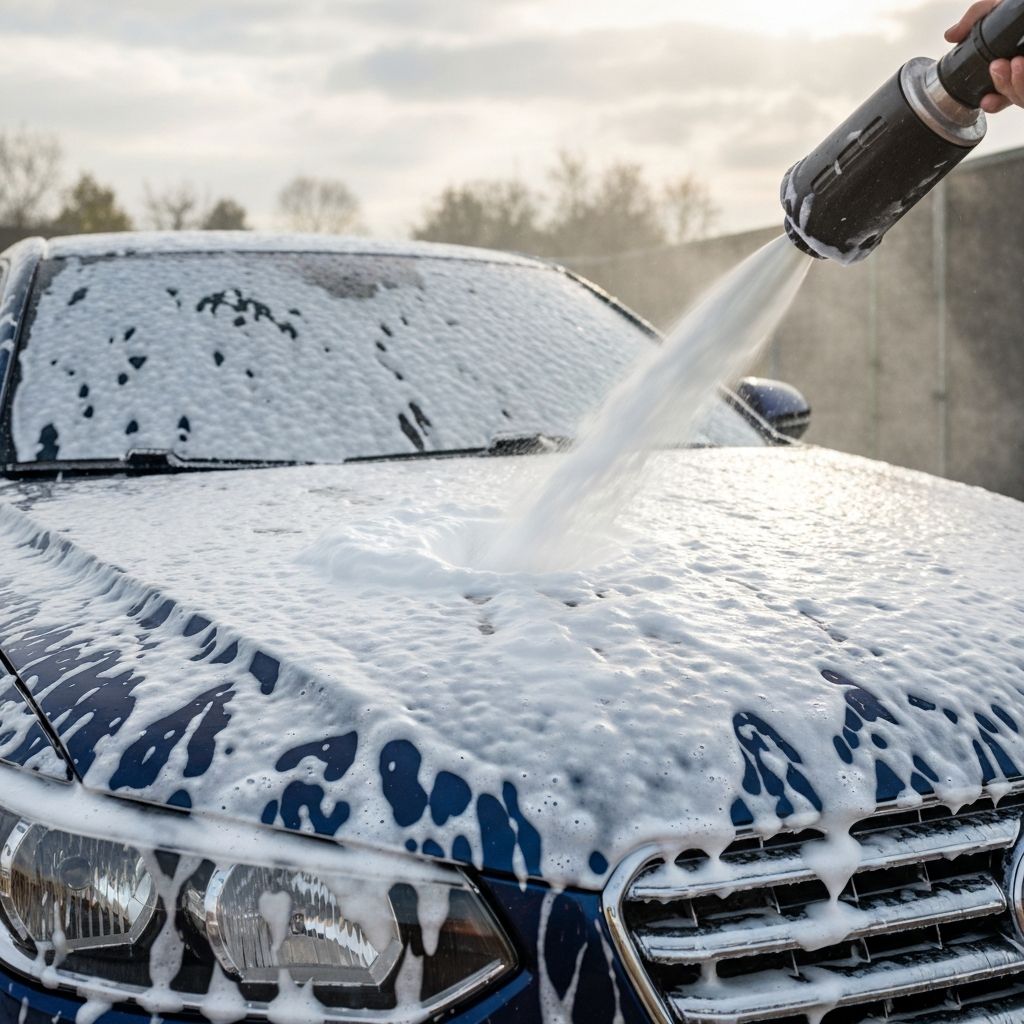 Snowfoam pre-wash application covering vehicle in thick foam at professional auto detailing studio in San Antonio Texas